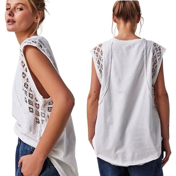 Free People Table for Two Tee T-Shirt Women's Small White Lace Crochet Boho NWOT - Picture 1 of 14